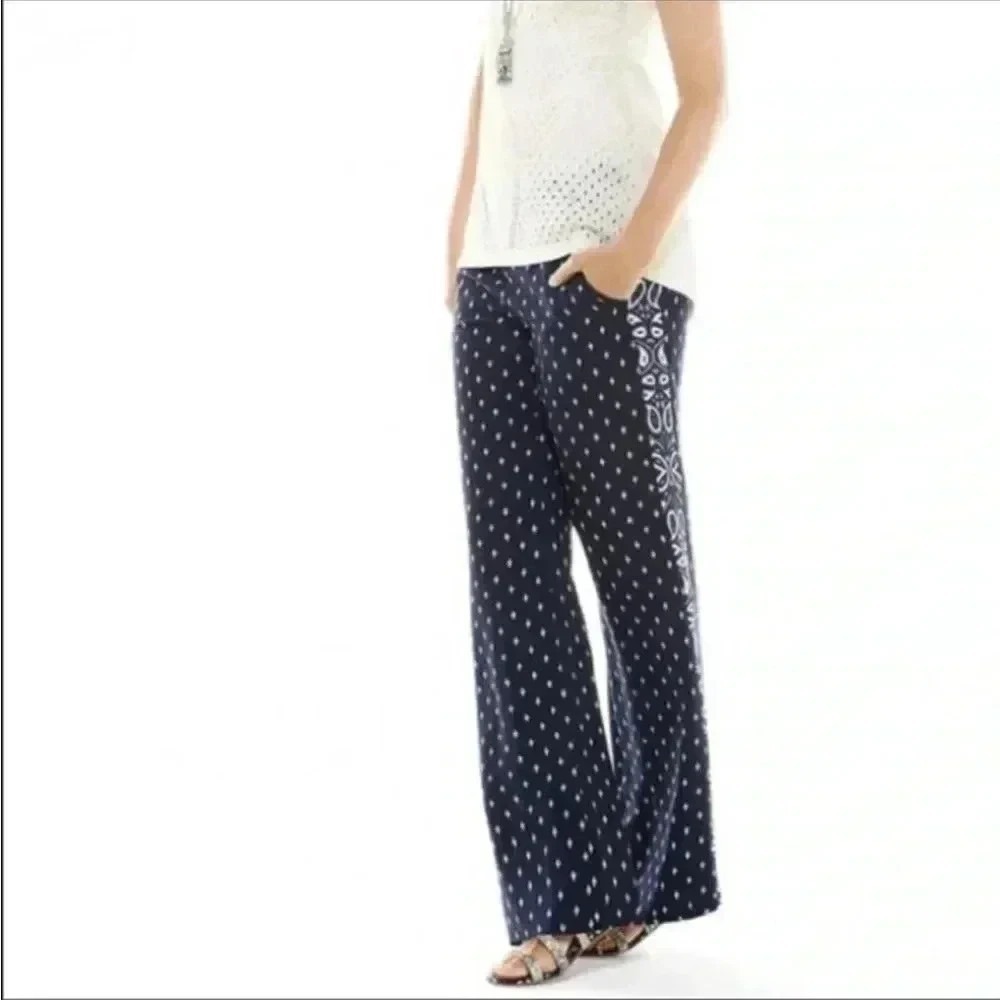 Cabi‎ Paisley Track Star Trouser Pants Wide Leg Navy Blue Printed Size 6